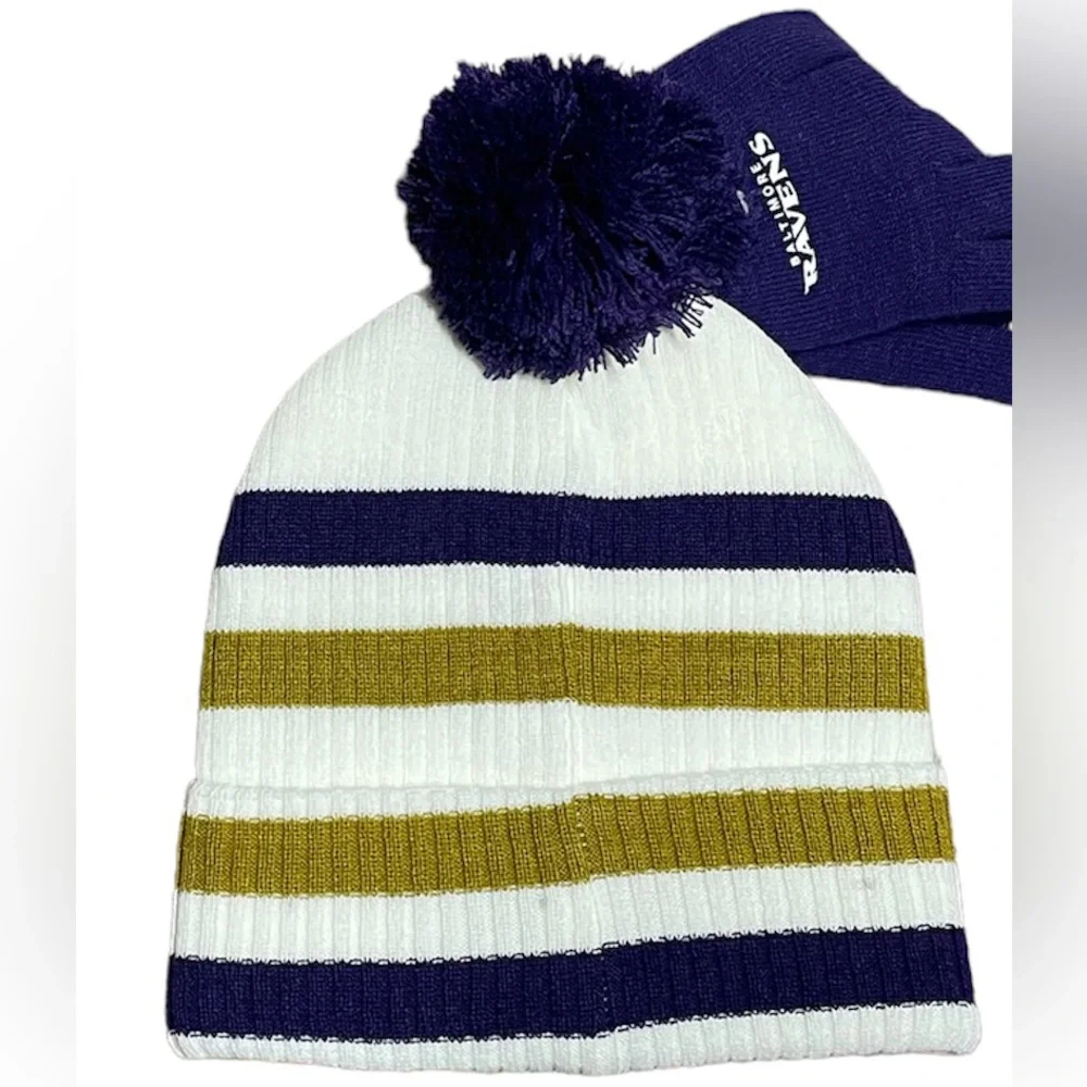 New NFL Set Baltimore Ravens Tossle Beanie Hat & Gloves Purple Stripes Pom Pom - Picture 3 of 3